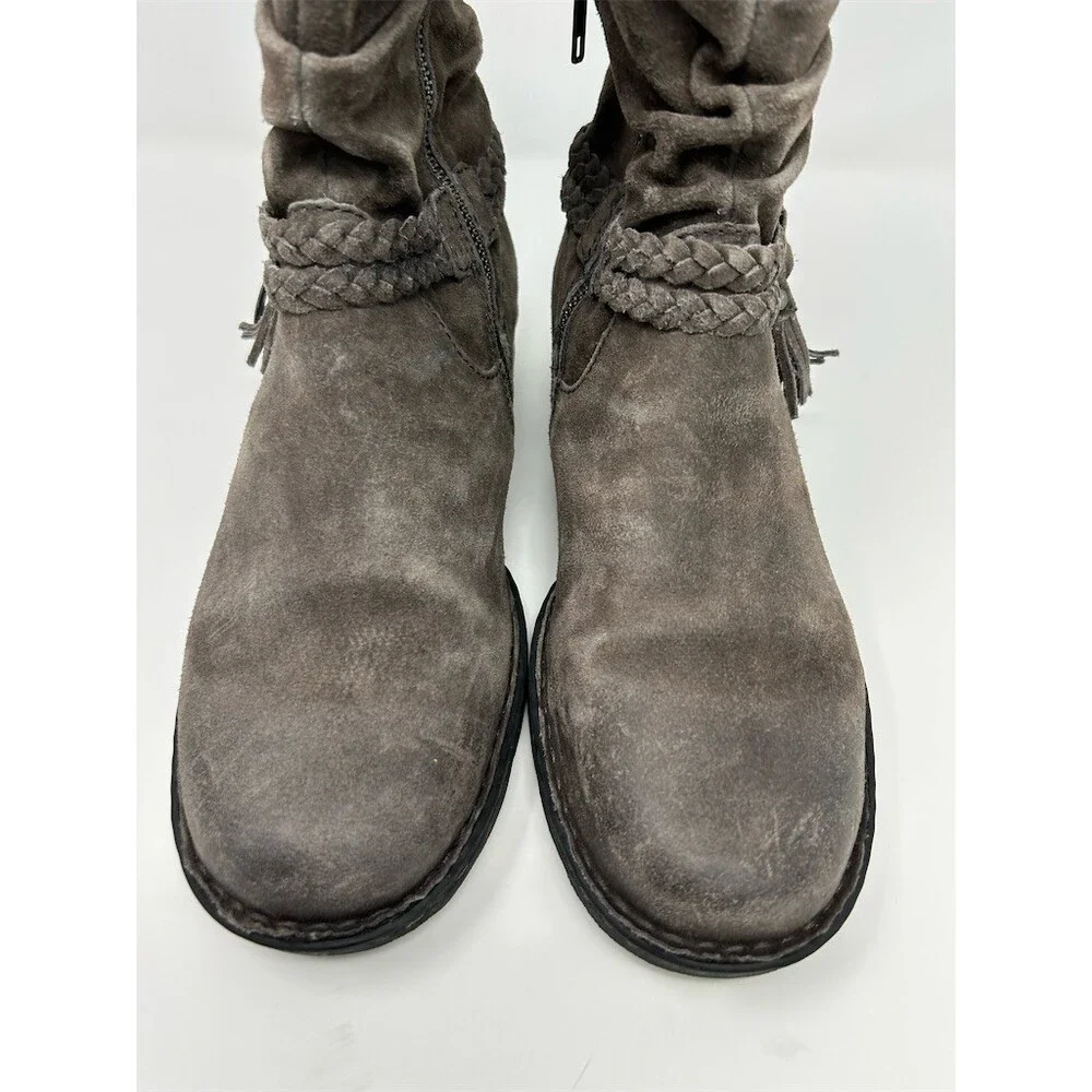 Born Womens Ankle Booties Gray Suede Slouch Braided Tassel Side Zip Size 10